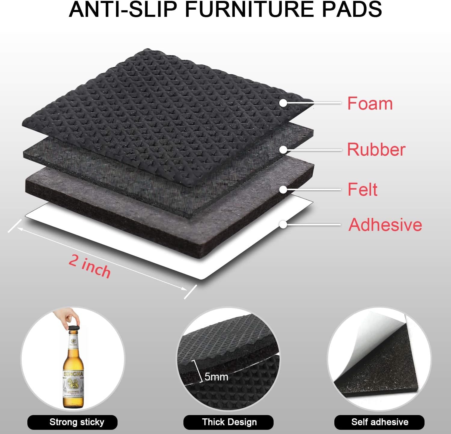 Non Slip Furniture Pads -24 Pcs 2’’ Furniture Grippers, Non Skid for Furniture Legs,Self Adhesive Rubber Feet Furniture Feet,Anti Slide Furniture Hardwood Floors Protectors for Keep Couch Stoppers